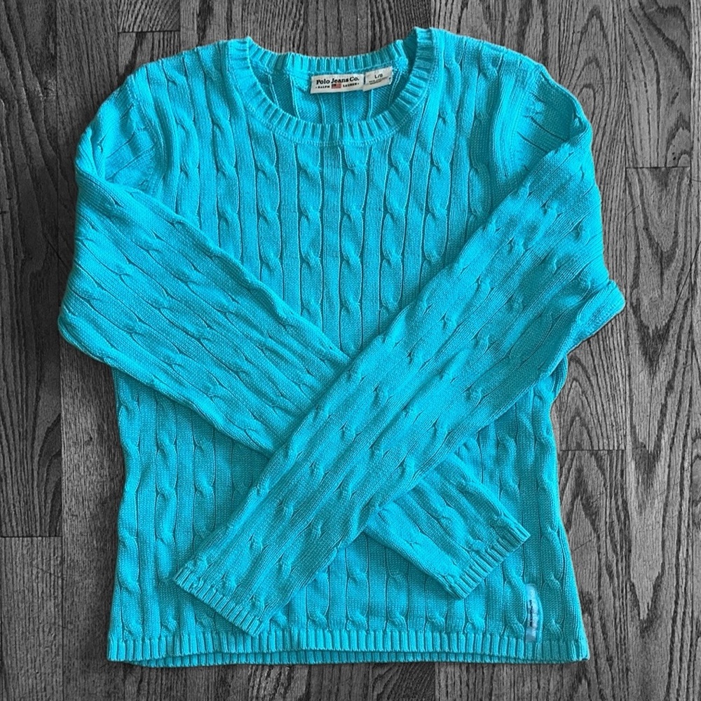 Ralph Lauren Turquoise Blue Crew Neck Cable Knit Sweater, size L - Picture 6 of 7